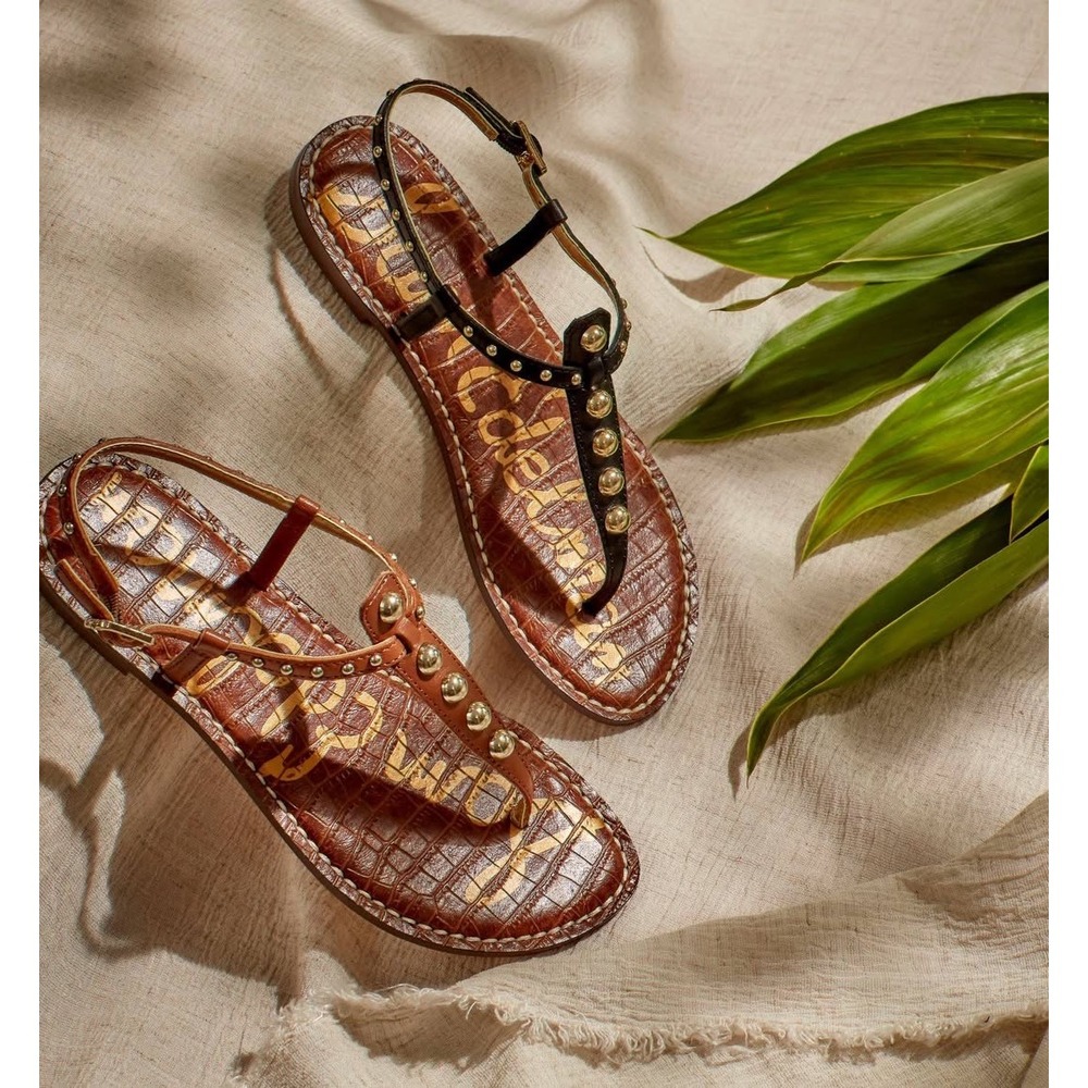 Sam Edelman Gigi Brown Croc Embossed Studded Thong Sandals Womens 9.5